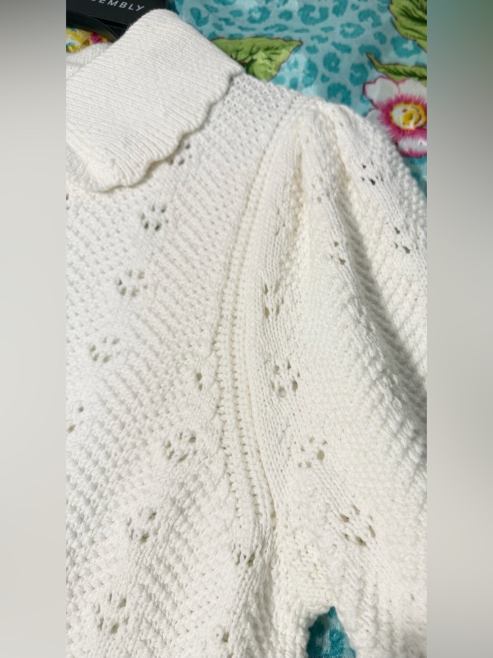Women's White Short-Sleeve Knit Button-Down Cardigan - Picture 13 of 16